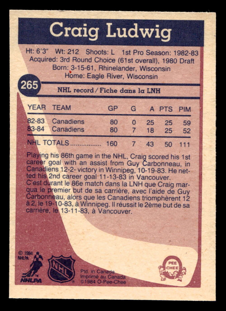 1984-85 O-Pee-Chee #265 Craig Ludwig Near Mint+ 
