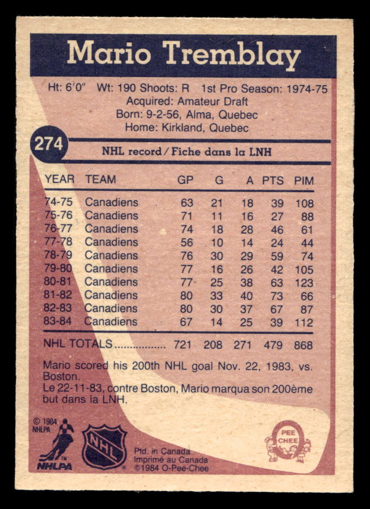 1984-85 O-Pee-Chee #274 Mario Tremblay Near Mint 