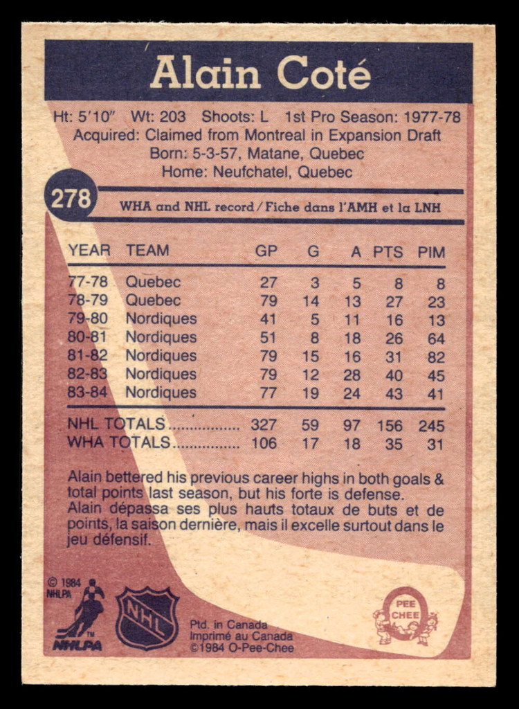 1984-85 O-Pee-Chee #278 Alain Cote Very Good 
