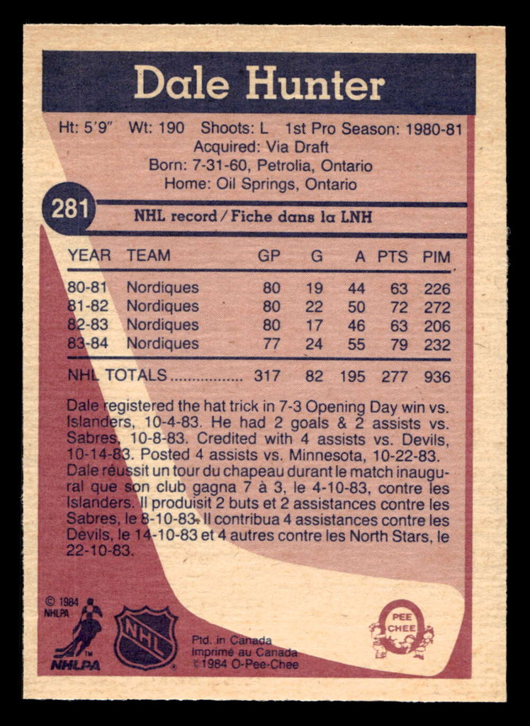 1984-85 O-Pee-Chee #281 Dale Hunter Near Mint 