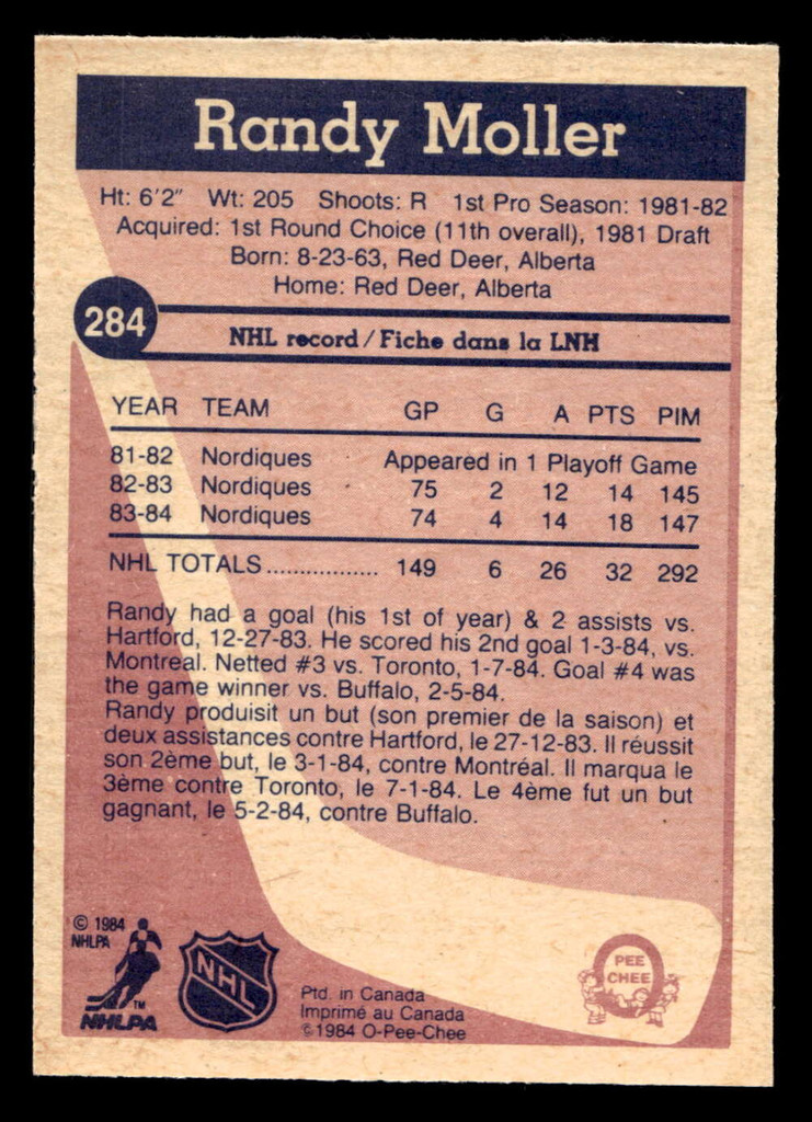1984-85 O-Pee-Chee #284 Randy Moller Very Good 