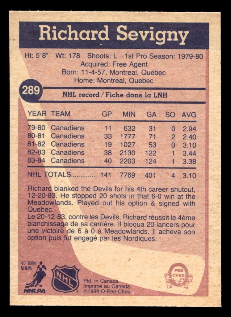 1984-85 O-Pee-Chee #289 Richard Sevigny Near Mint+ OPC 