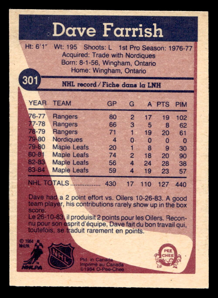 1984-85 O-Pee-Chee #301 Dave Farrish Near Mint+ OPC 