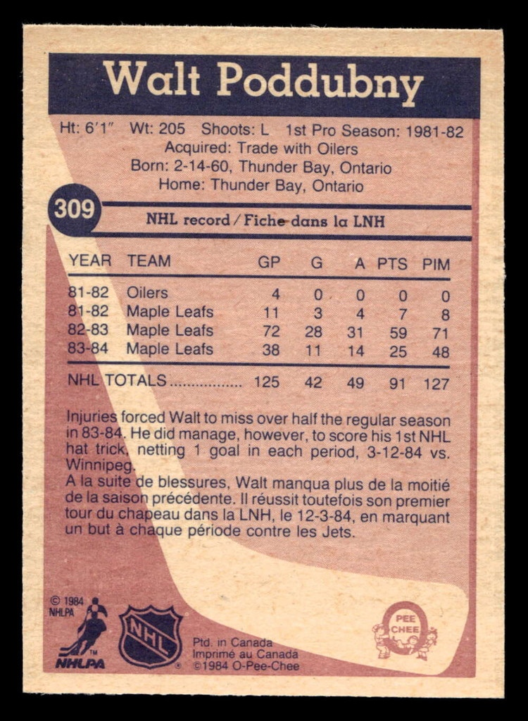 1984-85 O-Pee-Chee #309 Walt Poddubny Near Mint OPC 