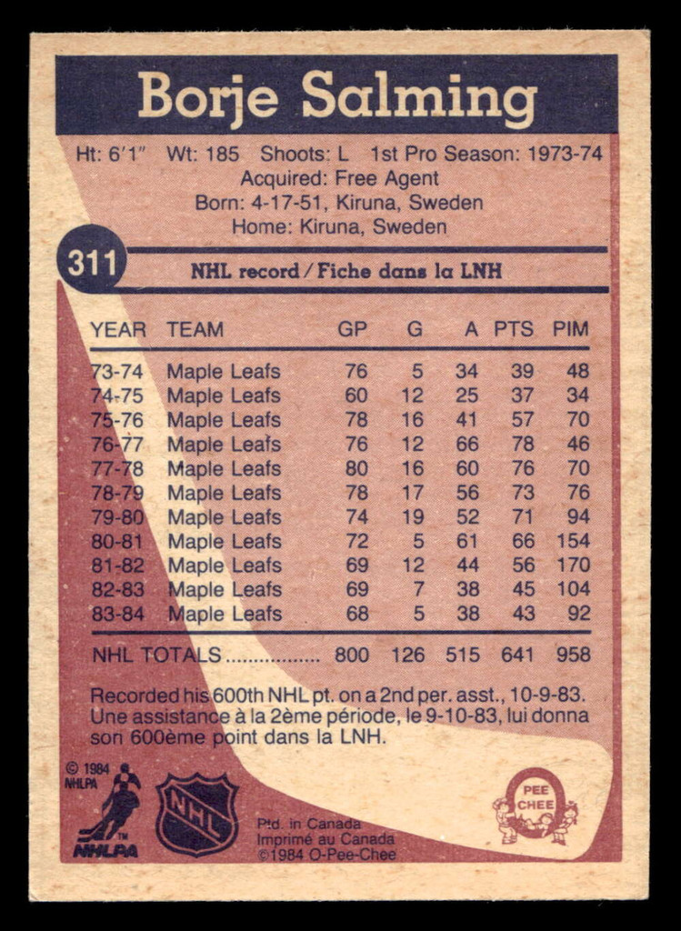 1984-85 O-Pee-Chee #311 Borje Salming Excellent+ OPC 