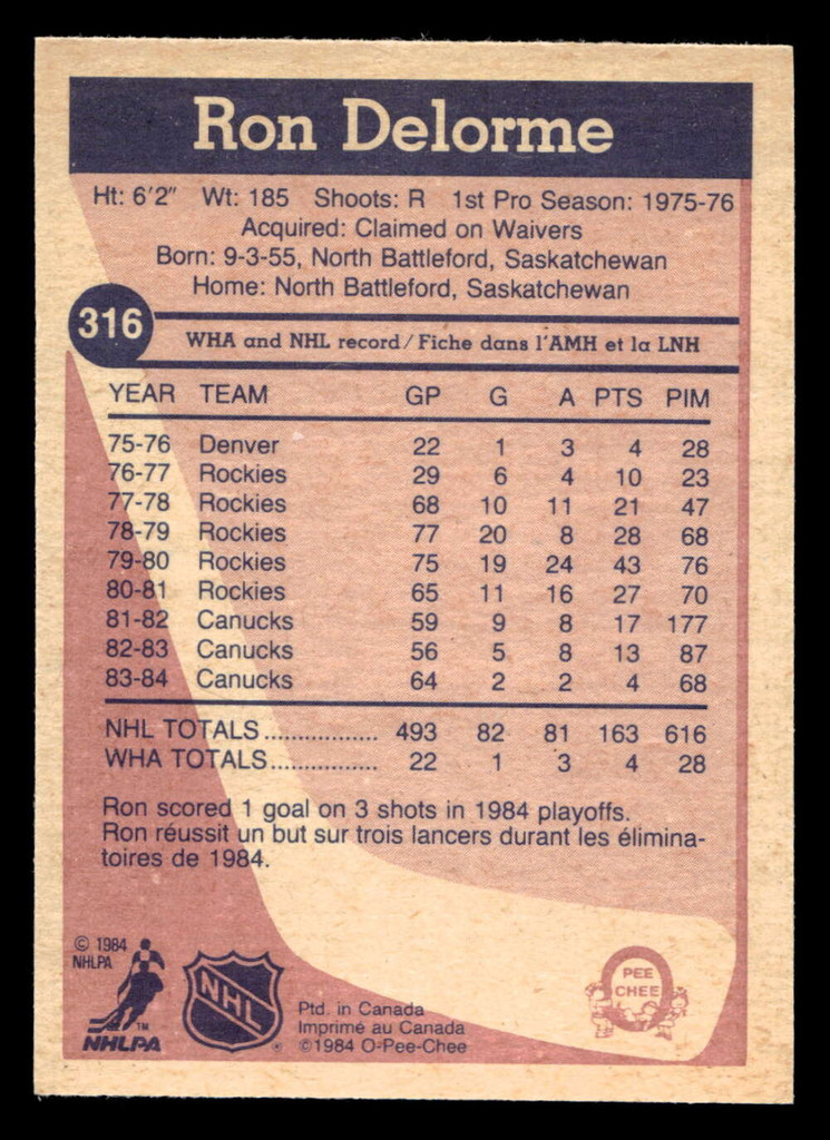 1984-85 O-Pee-Chee #316 Ron Delorme Near Mint+ OPC 