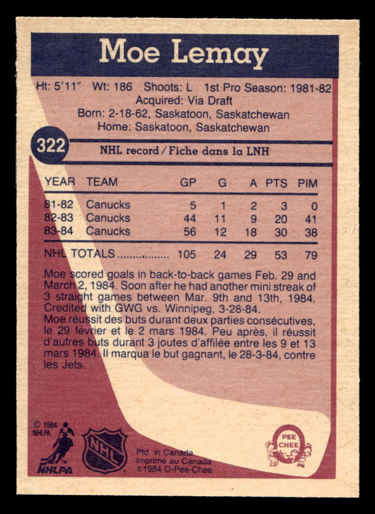 1984-85 O-Pee-Chee #322 Moe Lemay Near Mint+ RC Rookie OPC 