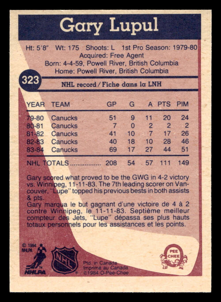 1984-85 O-Pee-Chee #323 Gary Lupul Near Mint OPC 