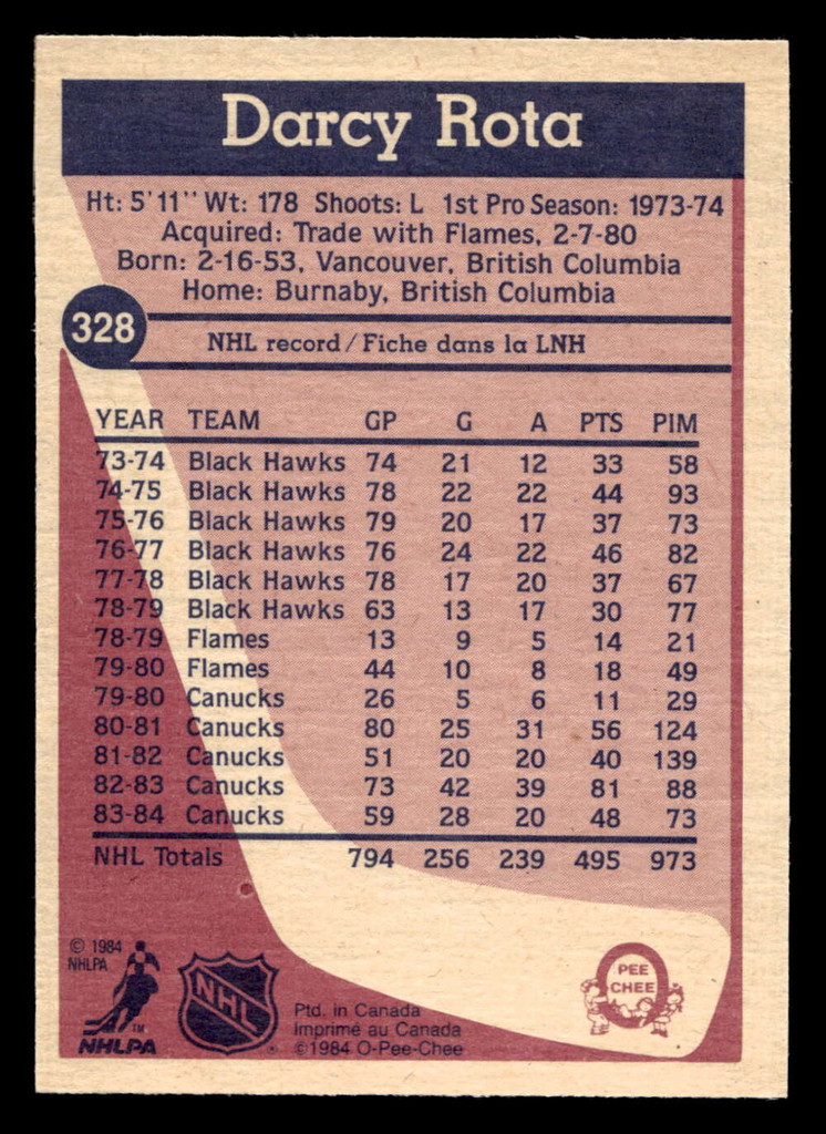 1984-85 O-Pee-Chee #328 Darcy Rota Near Mint+ OPC 