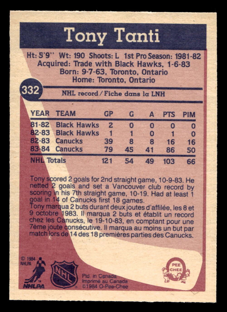 1984-85 O-Pee-Chee #332 Tony Tanti Very Good OPC 