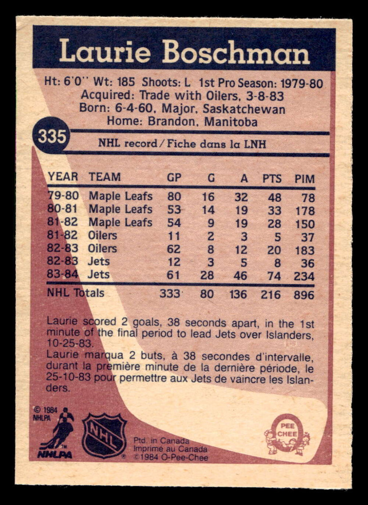 1984-85 O-Pee-Chee #335 Laurie Boschman Near Mint OPC 