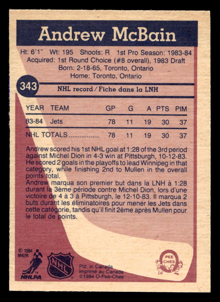 1984-85 O-Pee-Chee #343 Andrew McBain Near Mint+ RC Rookie OPC 