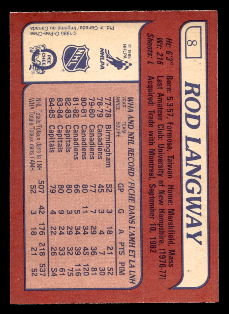 1985-86 O-Pee-Chee #8 Rod Langway Ex-Mint OPC 