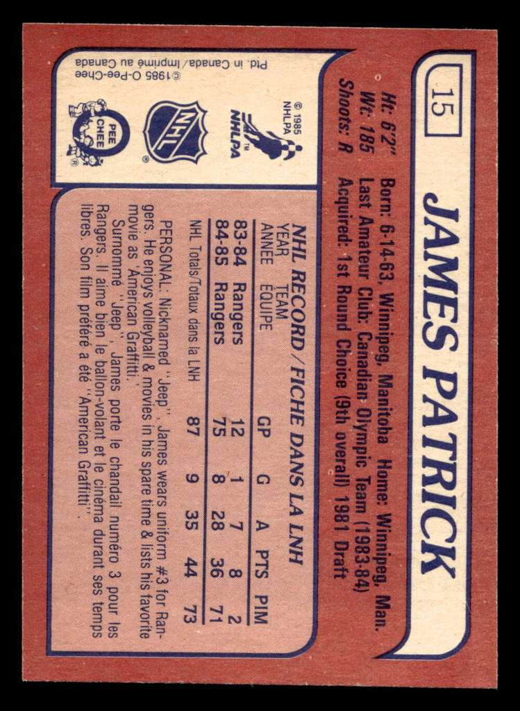 1985-86 O-Pee-Chee #15 James Patrick Near Mint+ OPC 