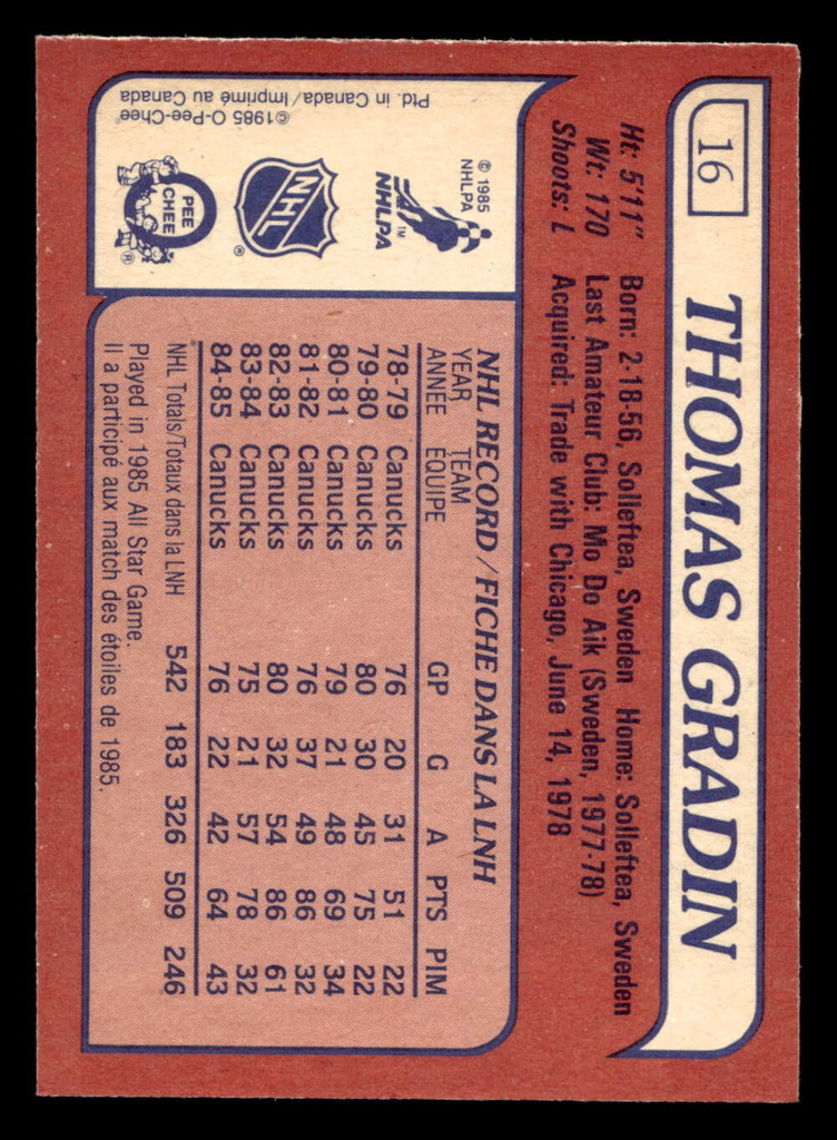 1985-86 O-Pee-Chee #16 Thomas Gradin Near Mint+ OPC 