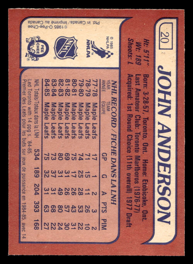 1985-86 O-Pee-Chee #20 John Anderson Near Mint OPC 