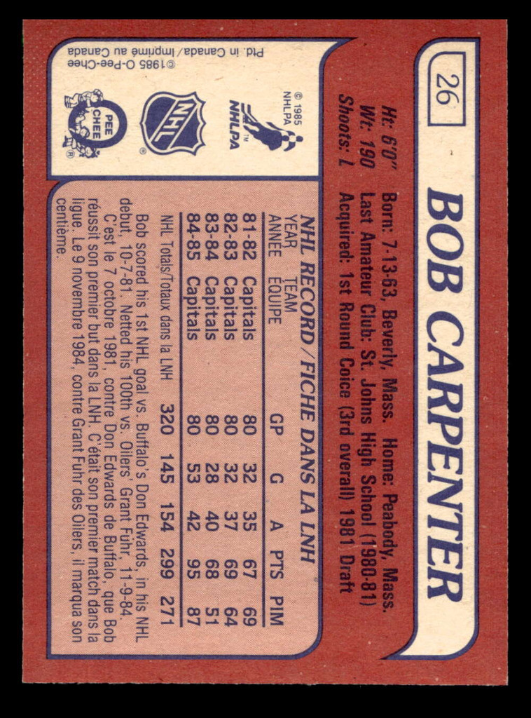 1985-86 O-Pee-Chee #26 Bob Carpenter Near Mint+ OPC 