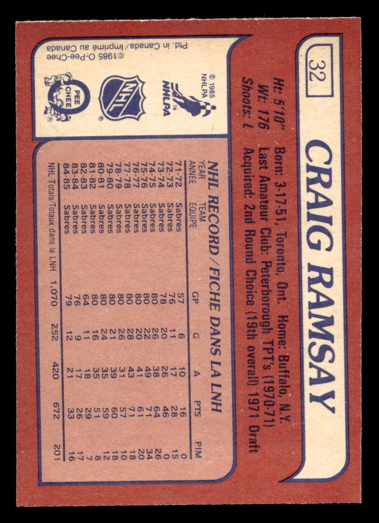 1985-86 O-Pee-Chee #32 Craig Ramsay Near Mint+ OPC 