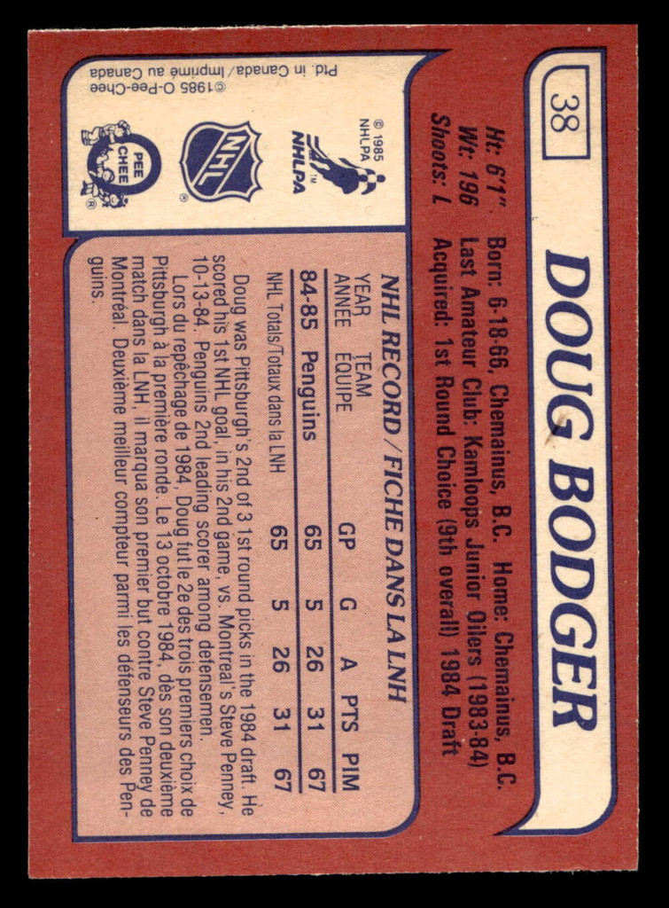 1985-86 O-Pee-Chee #38 Doug Bodger Near Mint+ RC Rookie OPC 