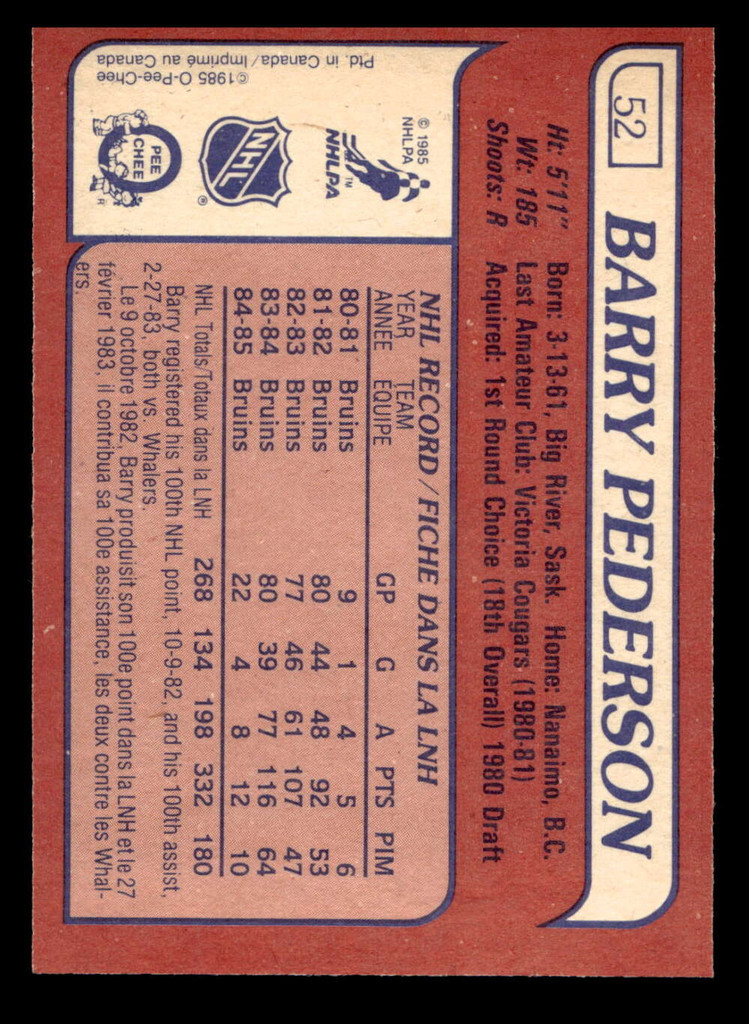 1985-86 O-Pee-Chee #52 Barry Pederson Near Mint+ OPC 