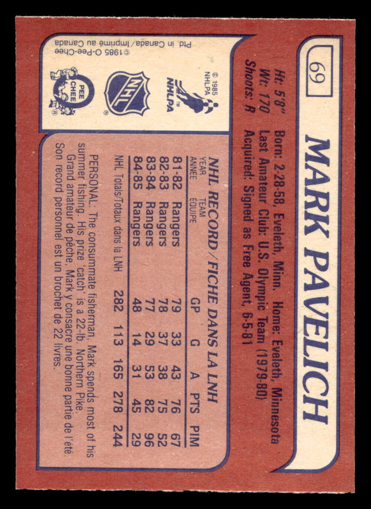 1985-86 O-Pee-Chee #69 Mark Pavelich Near Mint+ OPC 