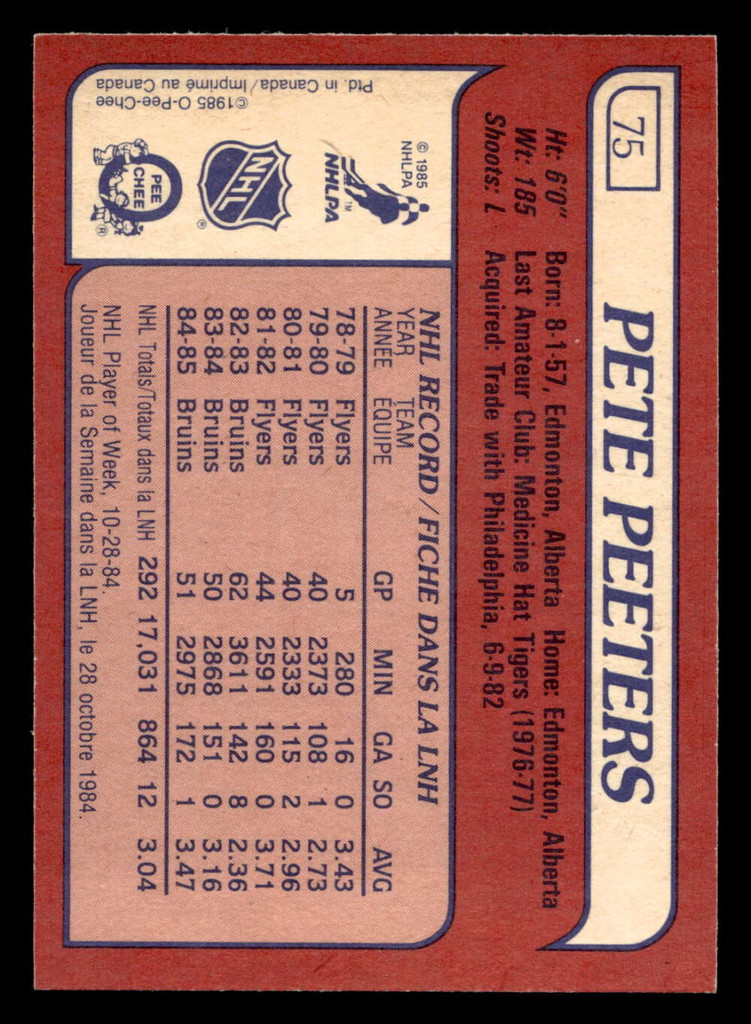 1985-86 O-Pee-Chee #75 Pete Peeters Near Mint+ OPC 