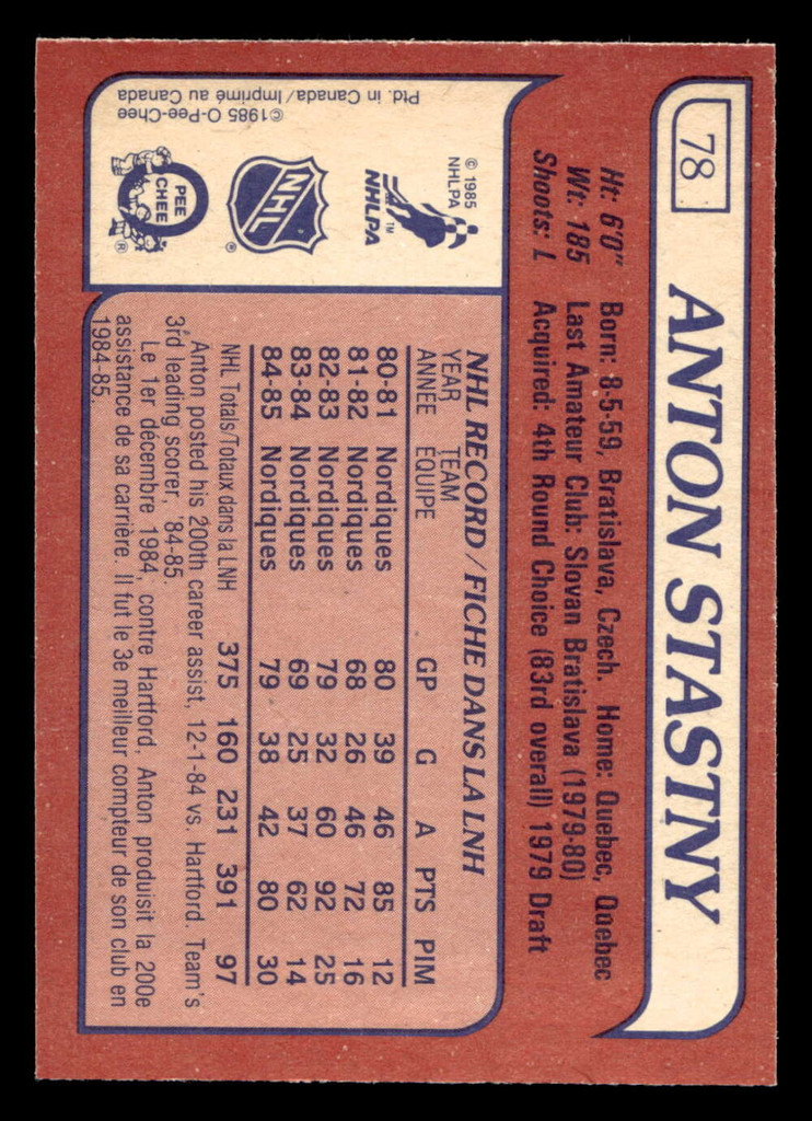 1985-86 O-Pee-Chee #78 Anton Stastny Near Mint OPC 
