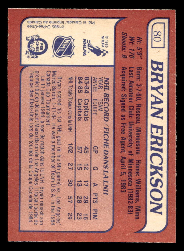 1985-86 O-Pee-Chee #80 Bryan Erickson Near Mint+ RC Rookie OPC 