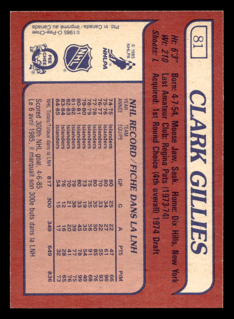 1985-86 O-Pee-Chee #81 Clark Gillies Near Mint+ OPC 