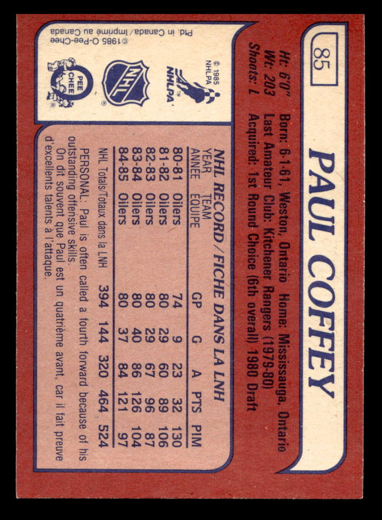 1985-86 O-Pee-Chee #85 Paul Coffey Near Mint OPC 