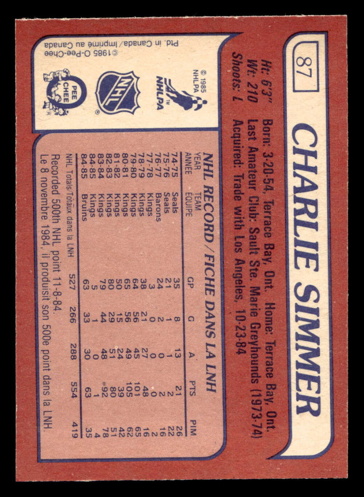 1985-86 O-Pee-Chee #87 Charlie Simmer Near Mint+ OPC 