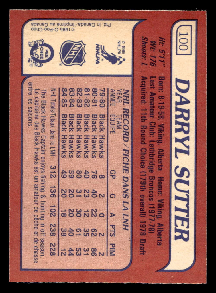 1985-86 O-Pee-Chee #100 Darryl Sutter Near Mint OPC 