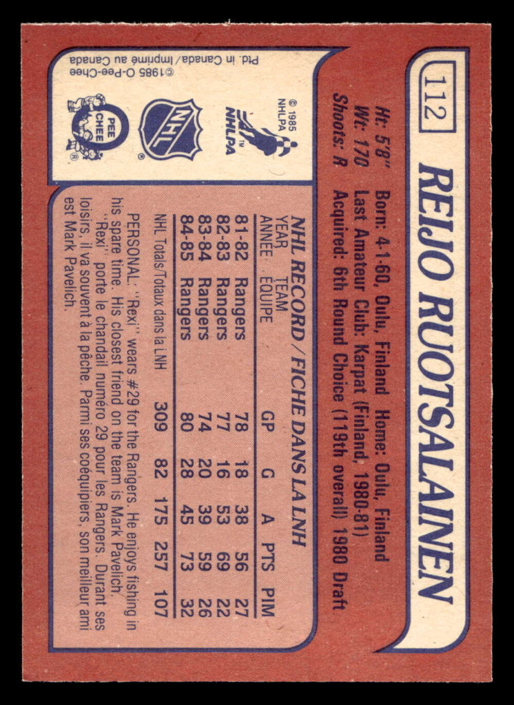 1985-86 O-Pee-Chee #112 Reijo Ruotsalainen Ex-Mint OPC 