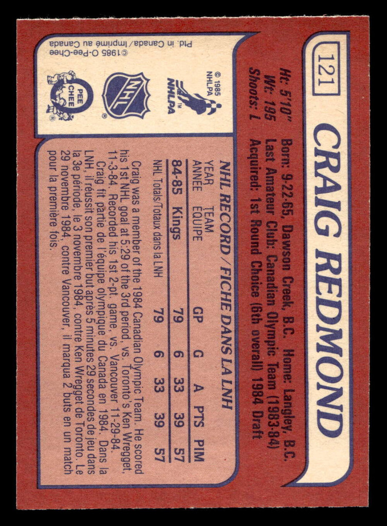 1985-86 O-Pee-Chee #121 Craig Redmond Near Mint RC Rookie OPC 