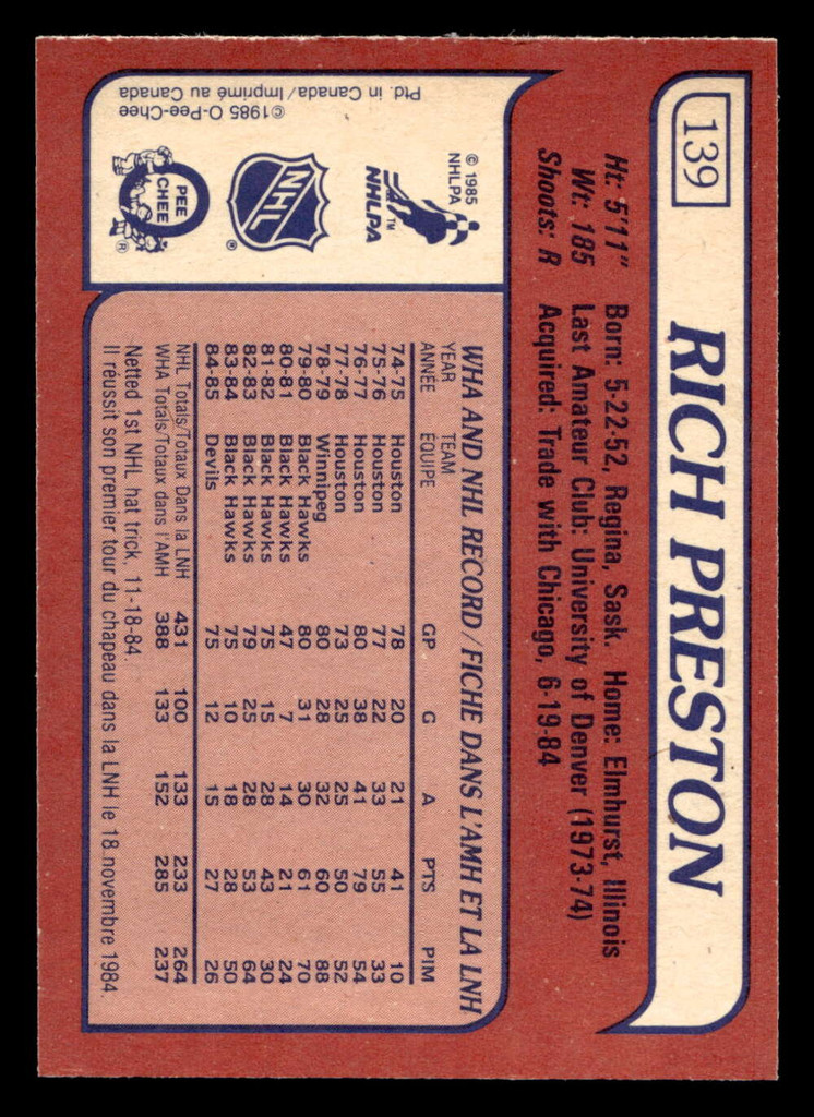 1985-86 O-Pee-Chee #139 Rich Preston Near Mint OPC 