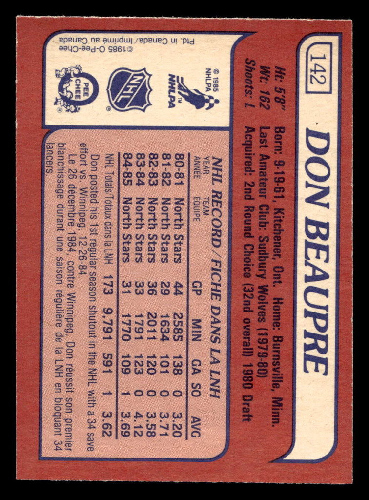 1985-86 O-Pee-Chee #142 Don Beaupre Near Mint OPC 