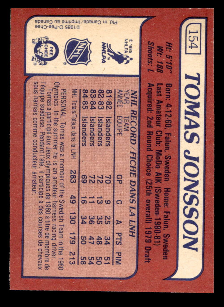 1985-86 O-Pee-Chee #154 Tomas Jonsson Near Mint+ OPC 