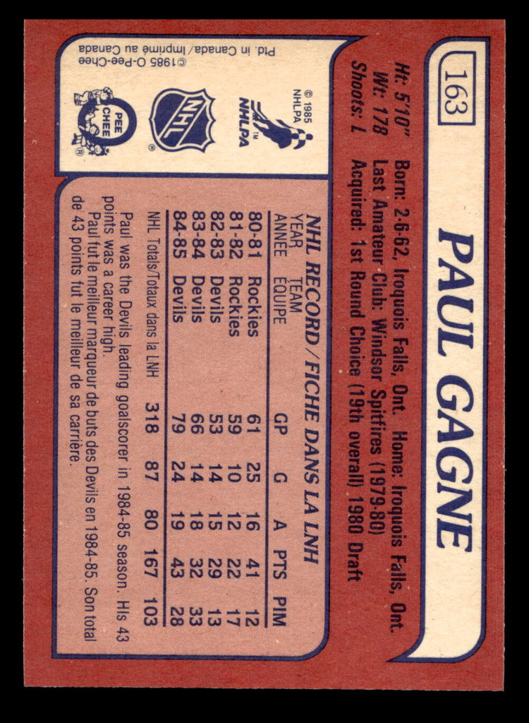 1985-86 O-Pee-Chee #163 Paul Gagne Near Mint OPC 