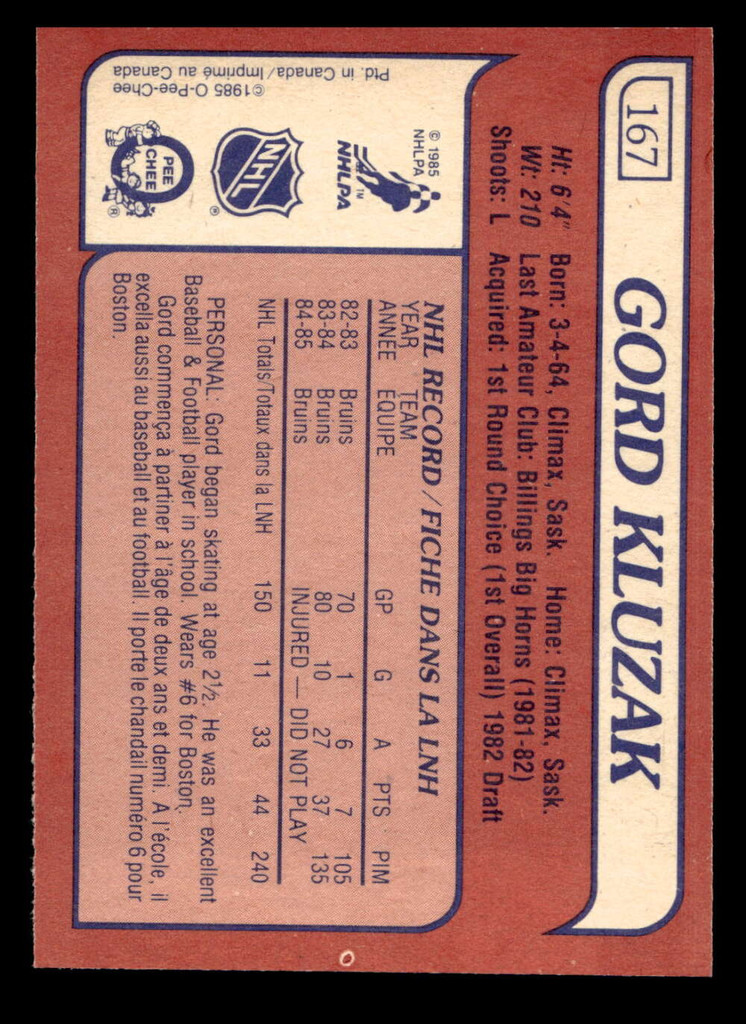 1985-86 O-Pee-Chee #167 Gord Kluzak Near Mint+ OPC 