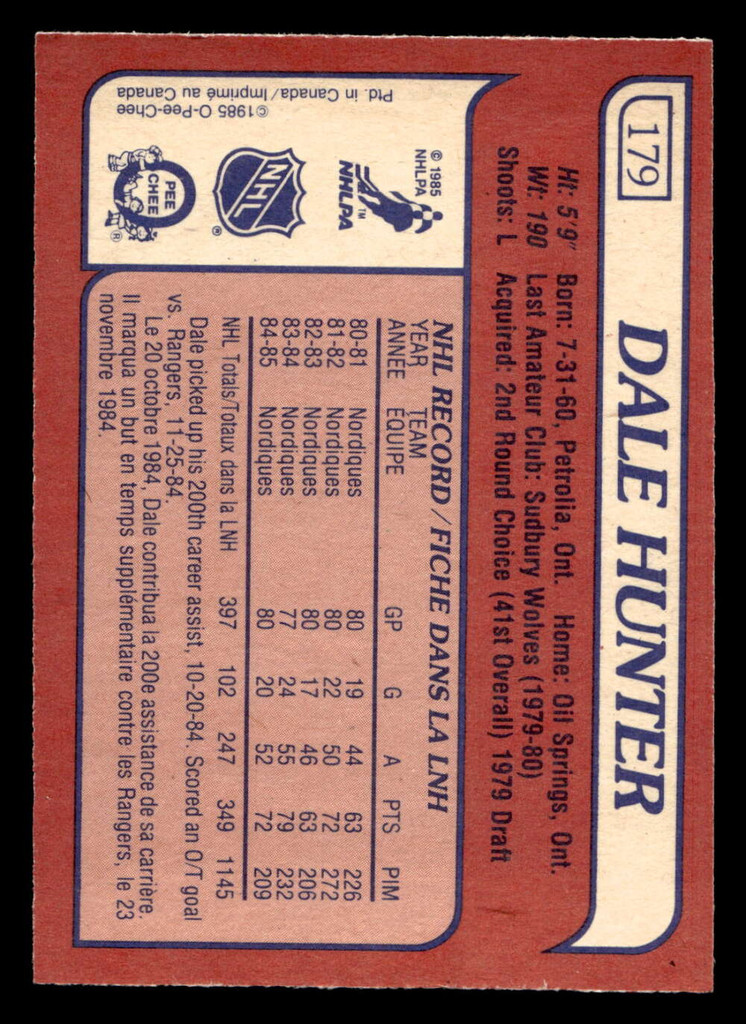 1985-86 O-Pee-Chee #179 Dale Hunter Ex-Mint OPC 