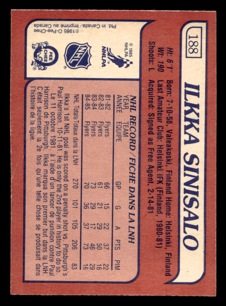 1985-86 O-Pee-Chee #188 Ilkka Sinisalo Near Mint+ OPC 