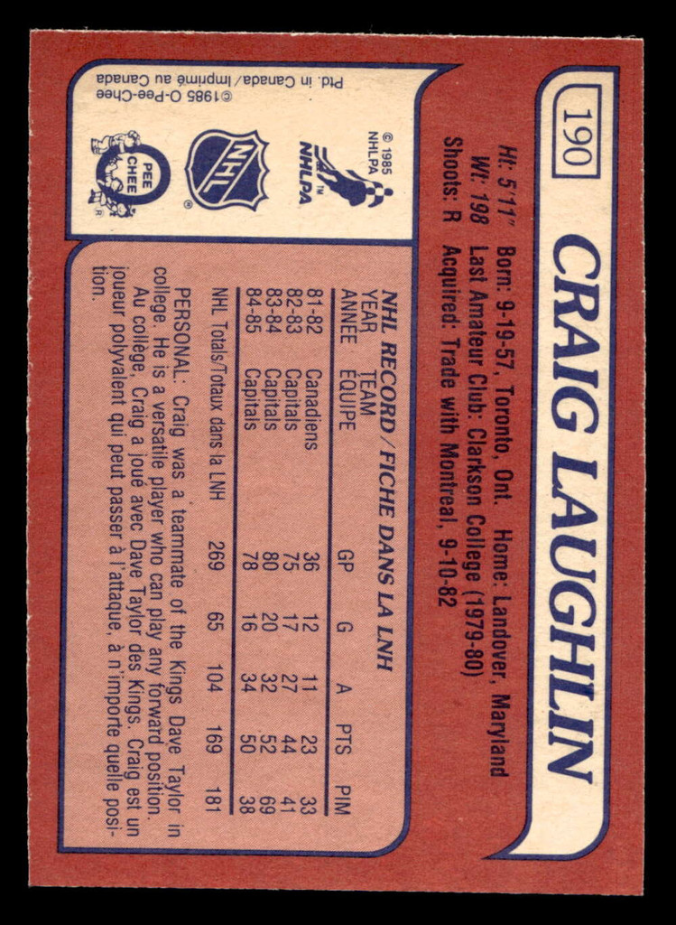 1985-86 O-Pee-Chee #190 Craig Laughlin Near Mint+ OPC 