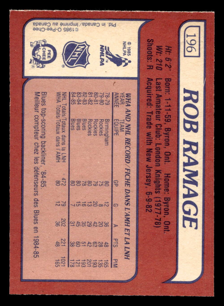 1985-86 O-Pee-Chee #196 Rob Ramage Near Mint+ OPC 
