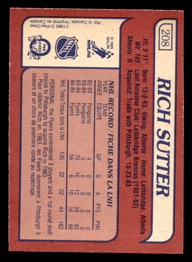 1985-86 O-Pee-Chee #208 Rich Sutter Near Mint OPC 
