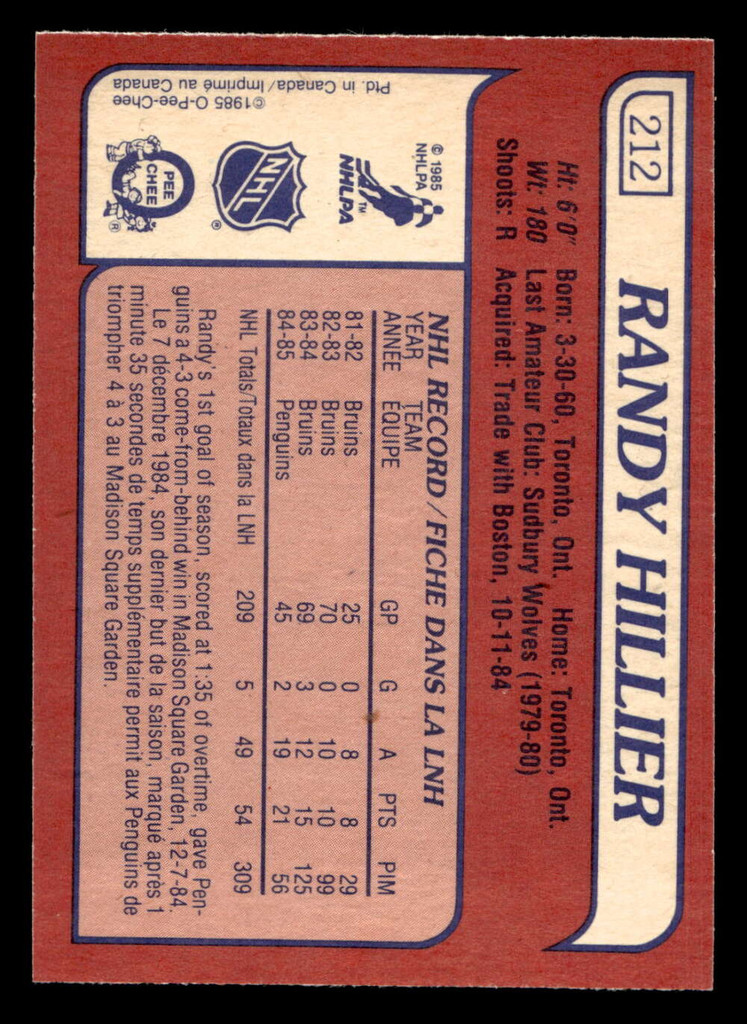 1985-86 O-Pee-Chee #212 Randy Hillier Near Mint RC Rookie OPC 