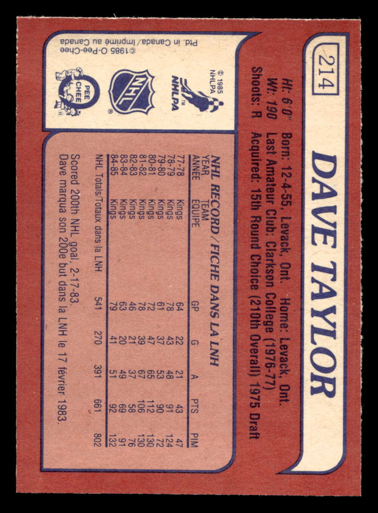 1985-86 O-Pee-Chee #214 Dave Taylor Near Mint OPC 