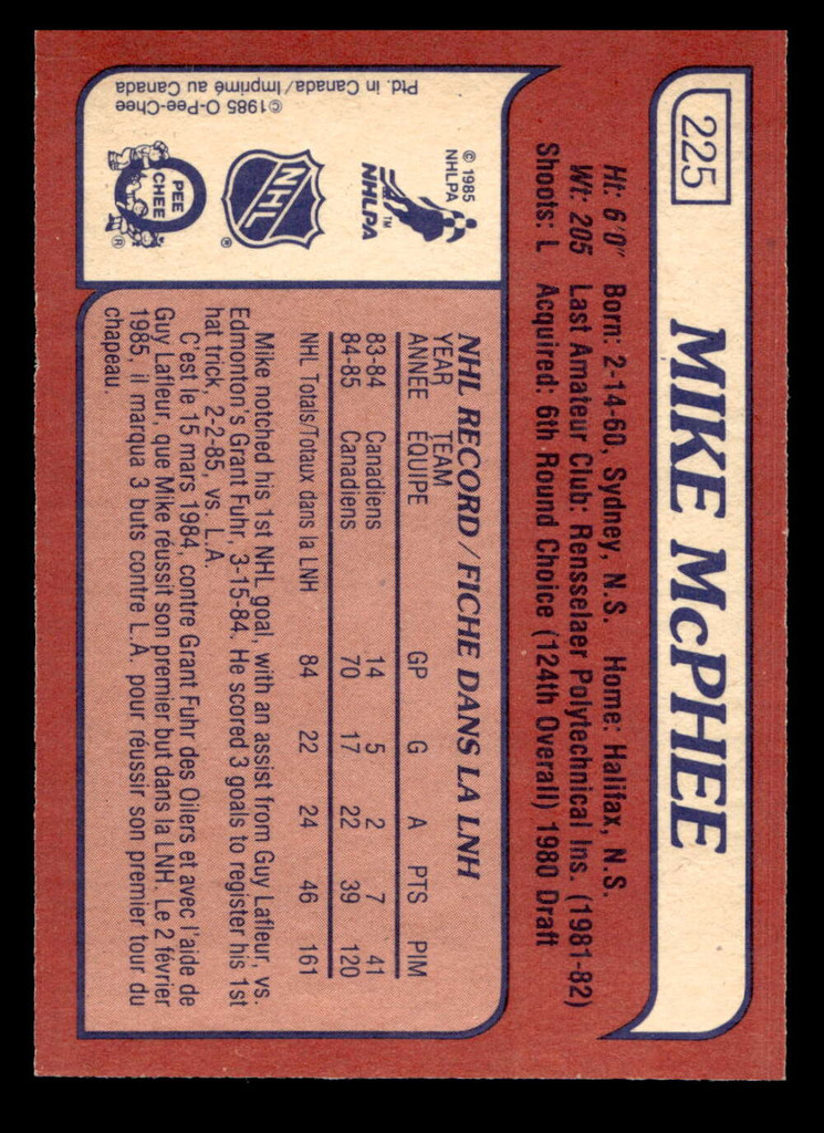 1985-86 O-Pee-Chee #225 Mike McPhee Near Mint RC Rookie OPC 