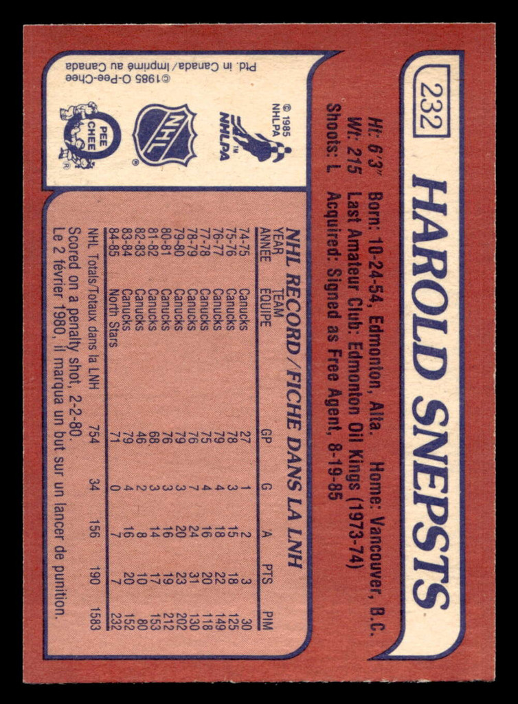 1985-86 O-Pee-Chee #232 Harold Snepsts Near Mint OPC 
