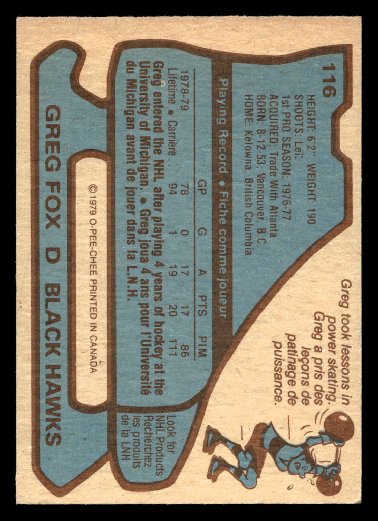 1979-80 O-Pee-Chee #116 Greg Fox Very Good RC Rookie OPC 