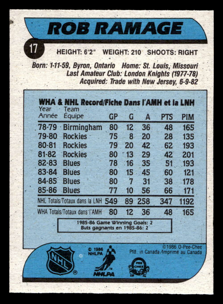1986-87 O-Pee-Chee #17 Rob Ramage Near Mint+ OPC 